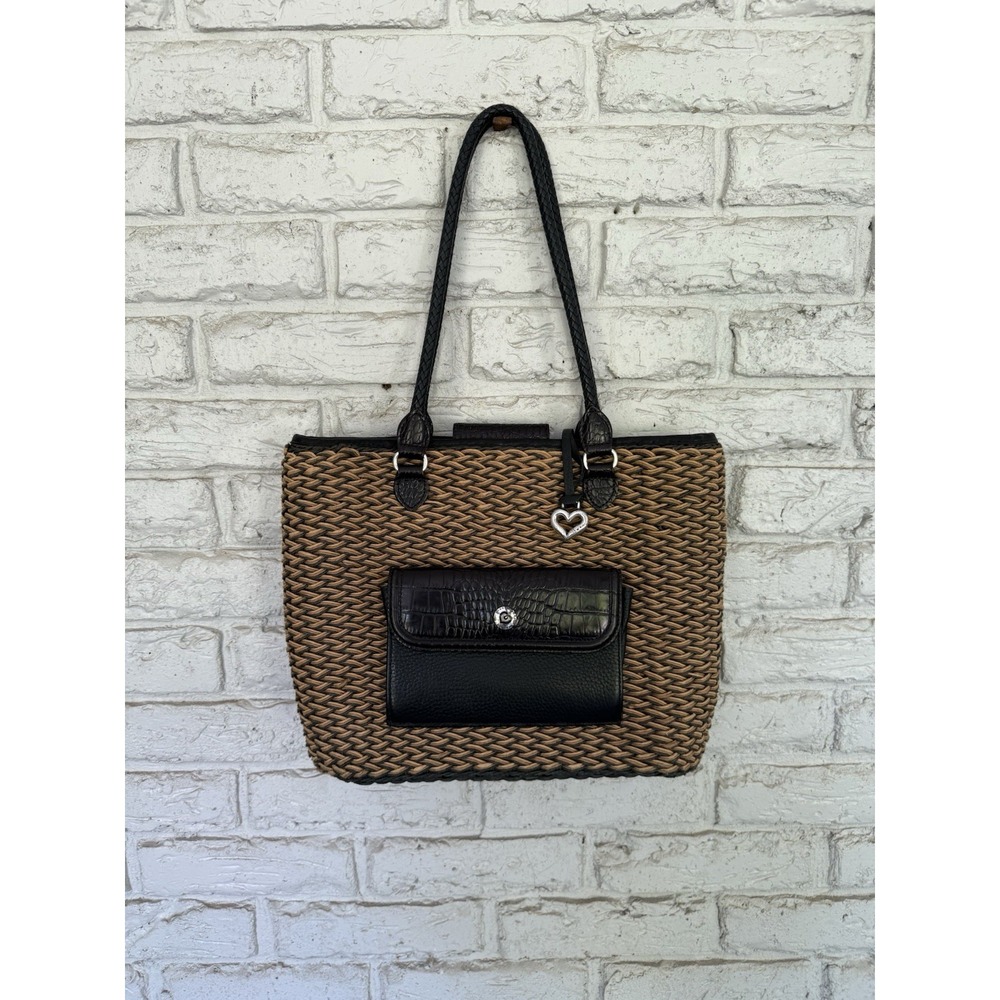 Vintage Brighton Straw & Leather Purse Tote Bag Woven Braided Straps-Tan Black - Picture 3 of 16